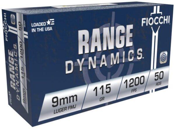 Fiocchi Pistol Shooting Dynamics 9mm Ammo Full Metal Jacket 115gr 50 Round Box - Brass Casing