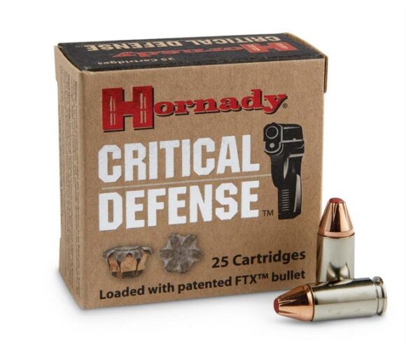 Hornady Critical Defense 9mm Ammo 115gr FTX Bullet, 25rd Box - Nickel Plated Brass Casing