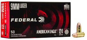 Federal American Eagle Full Metal Jacket 9mm Ammo 124 gr 50 Round Box - Brass Casing