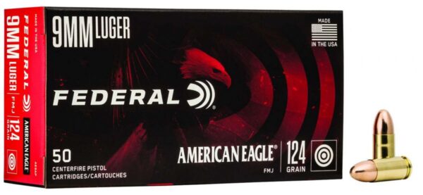 Federal American Eagle Full Metal Jacket 9mm Ammo 124 gr 50 Round Box - Brass Casing